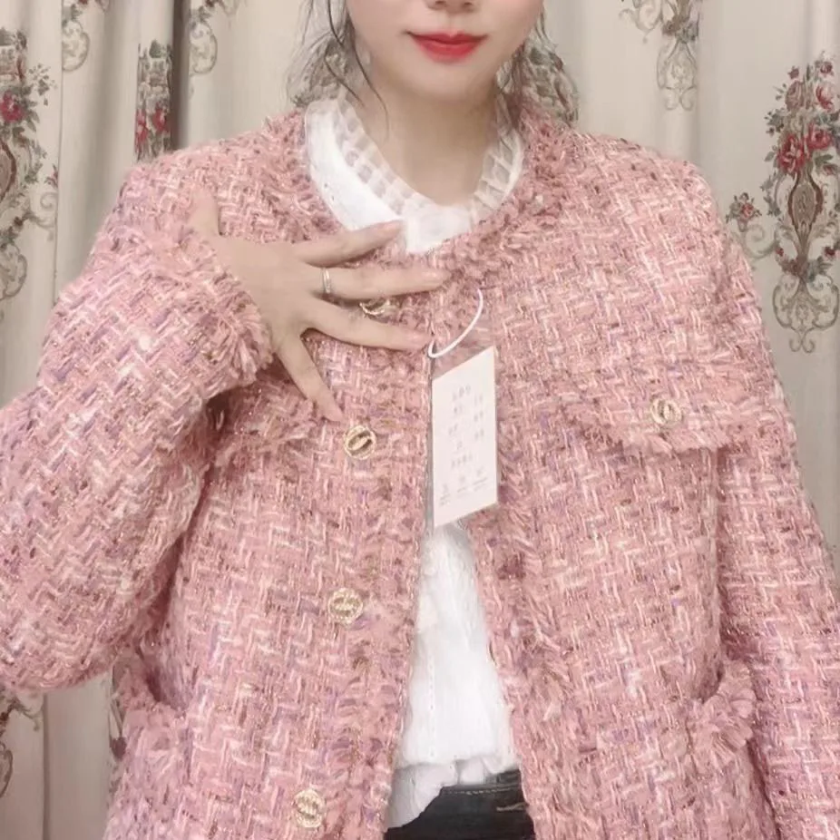 Pink Small Fragrance Jacket Women Down Lining Warm Short Jacket Autumn Winter Tweed Woolen Coat Female Casual Tops Outerwear