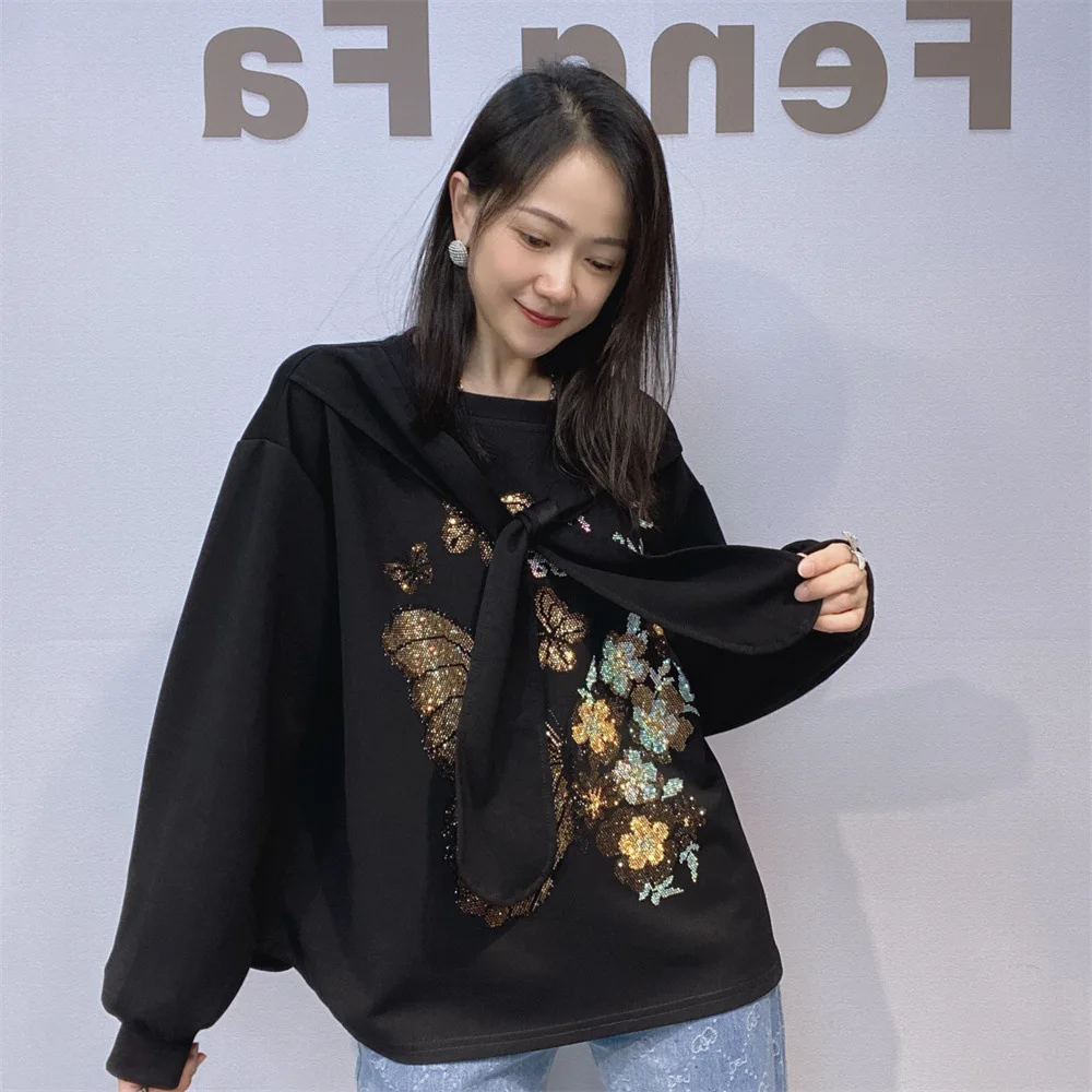 Trendy New Autumn Fashion Long Sleeve Sweatshirt Faux Two-piece Shawl Scarf Loose O-neck Pullover Top Diamonds Butterfly Hoodies