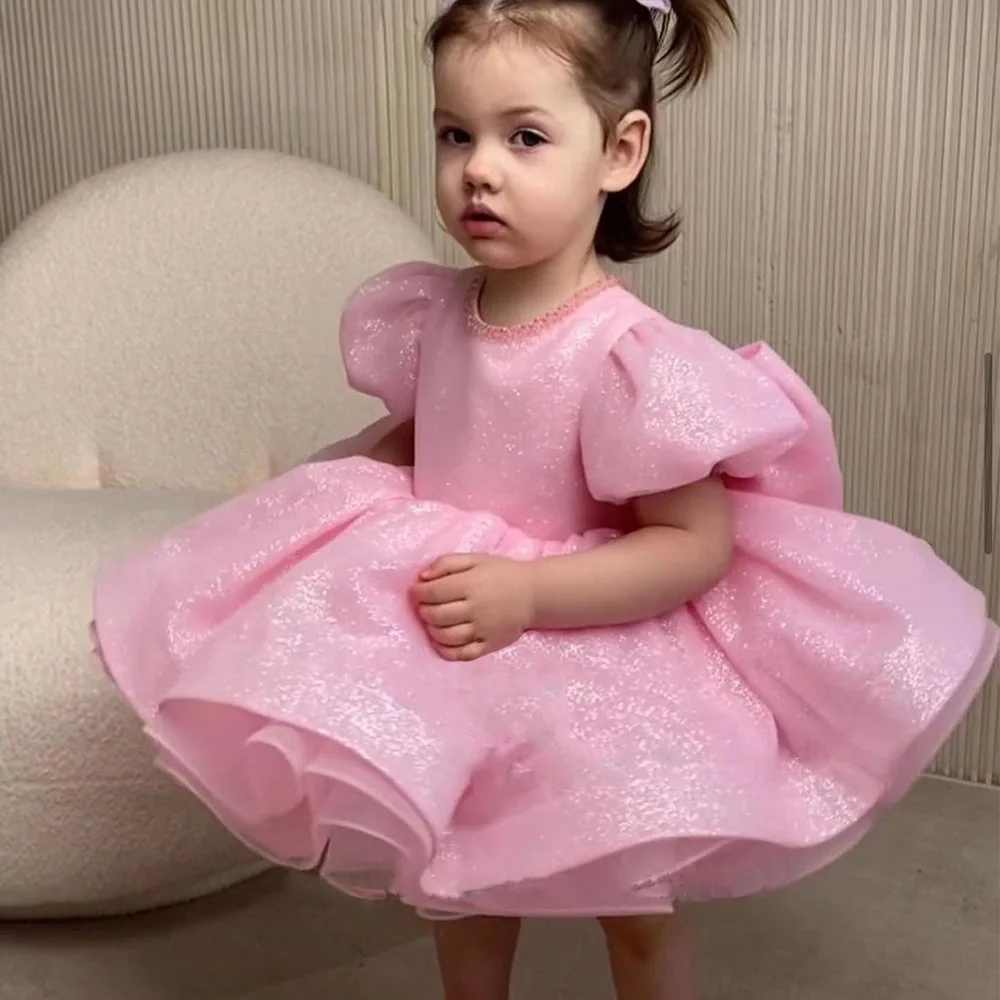 Children's birthday party evening dress princess Bow tutu Kids Dresses girl sequin pink fluffy baby flower girl wedding Gown