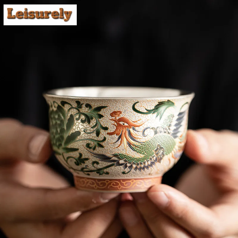 2pc/set Chinese Dragon Phoenix Ceramic Teacup Handmade Gilt Silver Master Cup Tea Couple Pair Tasting Tea Bowl Mug Drinking Gift