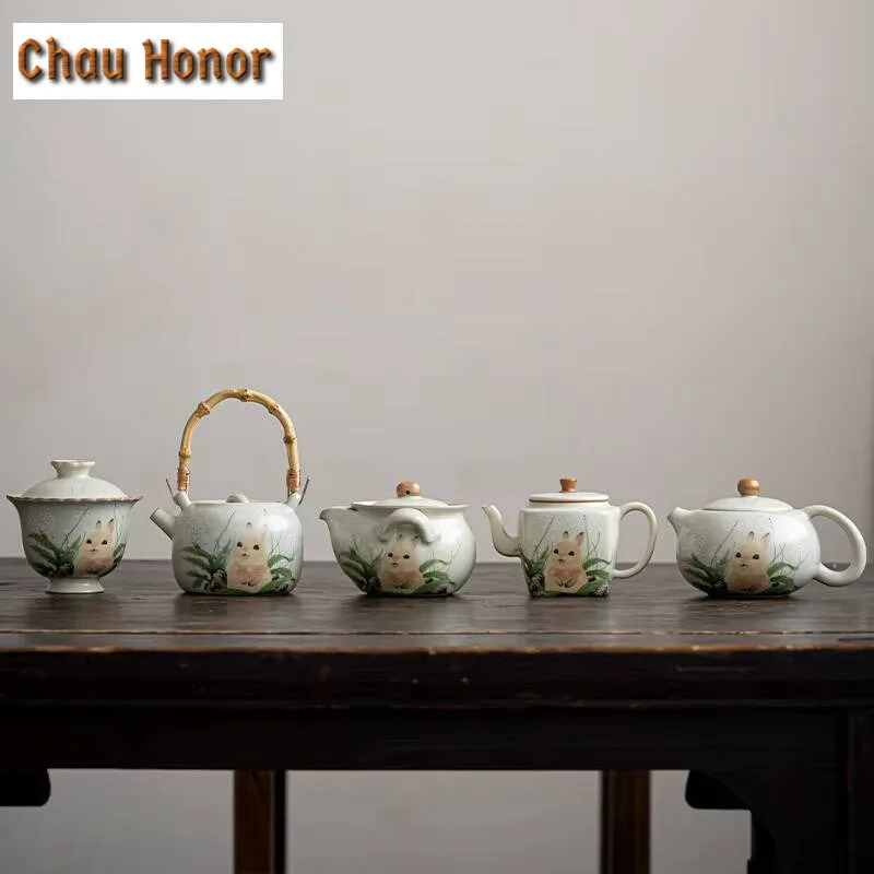 Cute Rabbit Ceramic Hand Grasping Gaiwan Retro Cream Ru Kiln Tea Pot Chiense Tea Brewing Kettle with Filter Kung Fu Tea Utensils