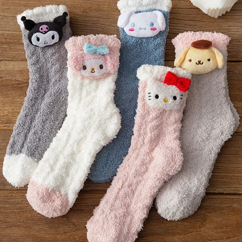 Kawaii Kuromi Cinnamoroll Plush Socks for Girls Melodyhello kitty Socks Cinnamoroll Plush Stuff Things Female Winter Warm Gifts