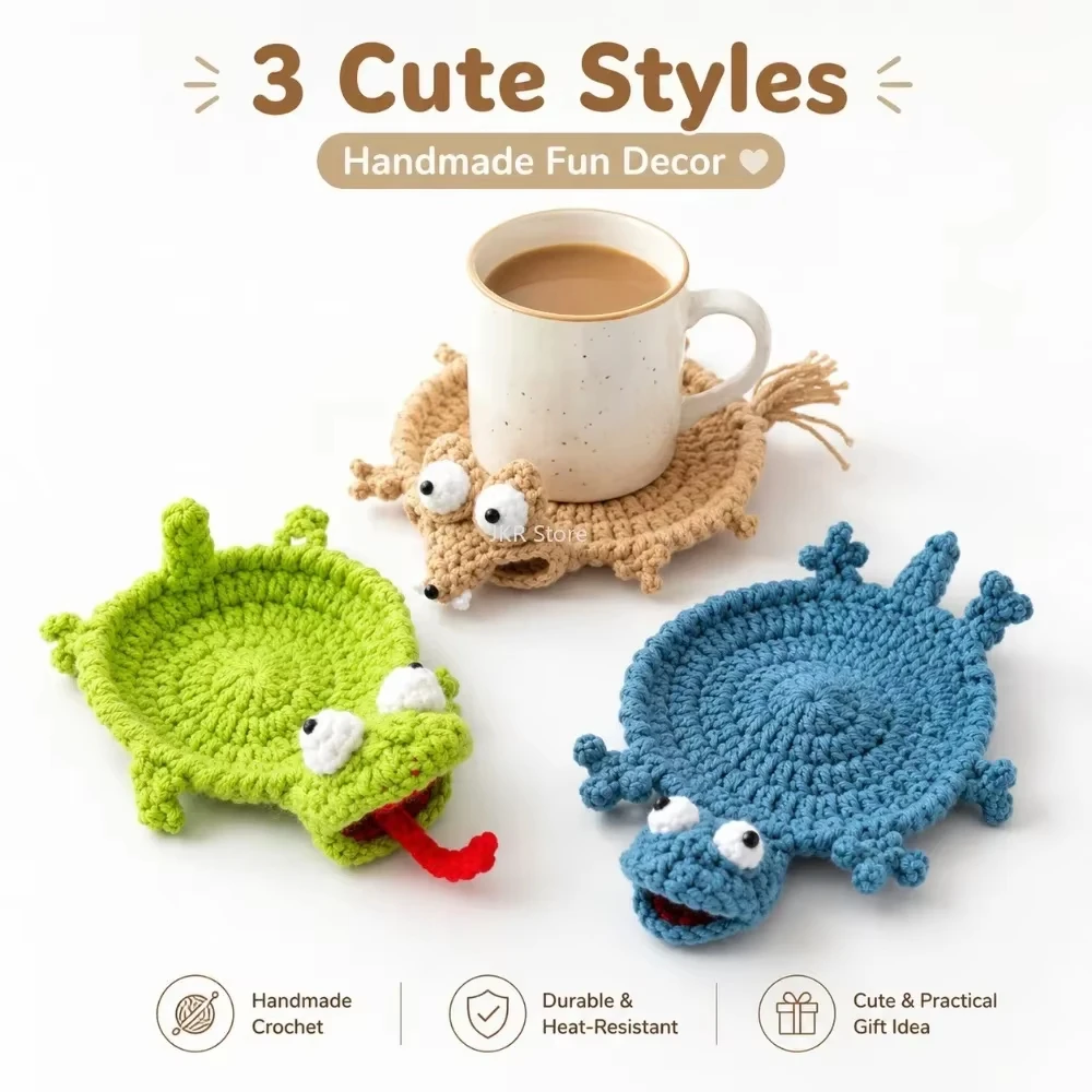 Animal Crochet Cup Coaster, Handwoven Finished Coffee Mat, Cute Desk Decor Gift for Home Table Tea Coffee Fun