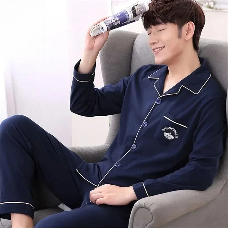 Plaid Men Pyjamas Fall and Winter Imitation Cotton Long Sleeve Plus Size Striped Cardigan Top Trousers Sleepwear Homewear
