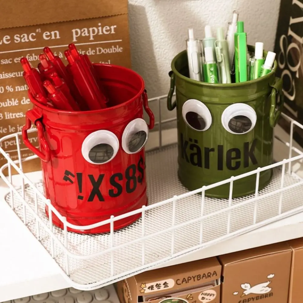 Durable Aesthetic Big Eyes Pen Holder Kawaii Large-capacity Iron Pencil Holder Cute Funny Storage Bucket Tabletop Storage