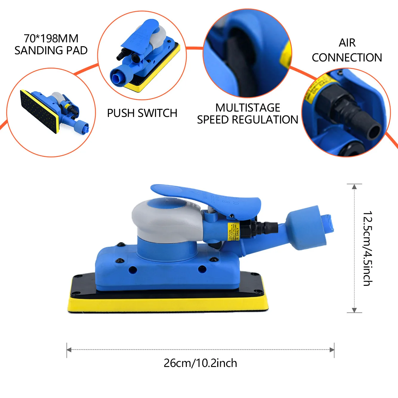 2026 70x198mm Pneumatic Orbital Sander Air Sander Polishing Vacuum Rectangular Sanding Machine For Metal Car Polishing