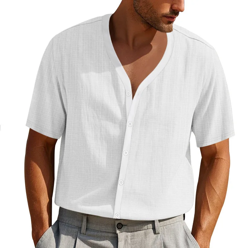 

American Men's Summer Short-sleeved Henry Shirt Loose Casual Trendy Button Cardigan T-shirt Solid Color Versatile