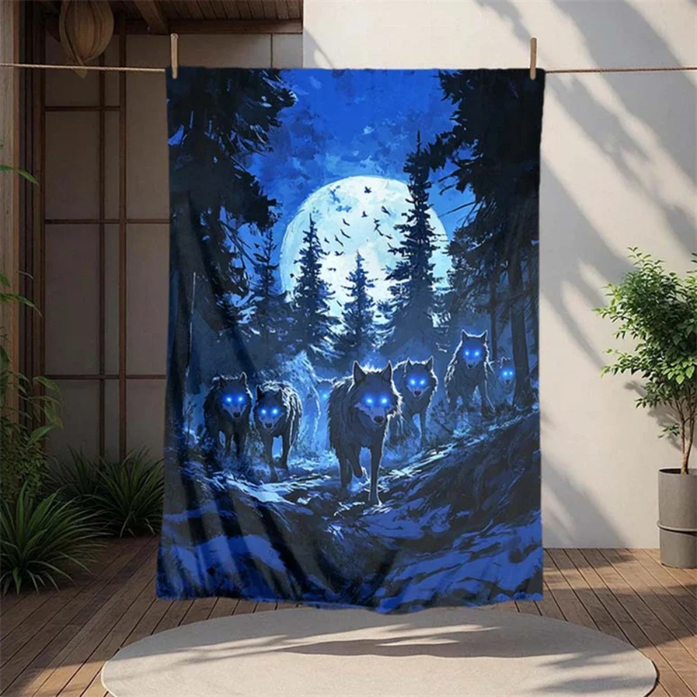 1pc Moon Winter Wolf Family Forest Print Throw Blanket soft lounge room office Blanket reading corner patio Anniversary gifts