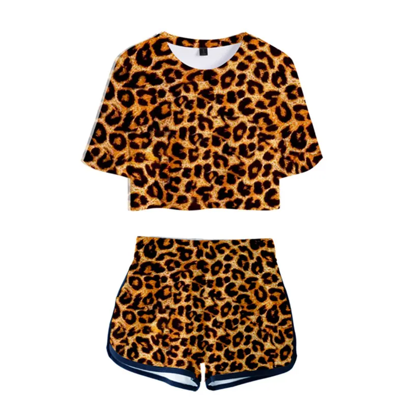 Animal Skin Pattern T Shirt and Shorts Sets Girls Sexy Club Outfits Two Piece Set Women