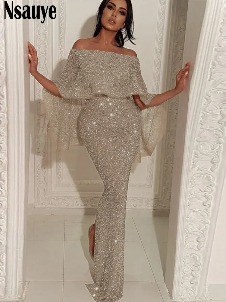 Nsauye 2022 Bling Glitter Elegant Party Evening Maxi Dress Y2K Bodycon Sexy Women Summer Off Shoulder Ruffles Solid Long Dresses