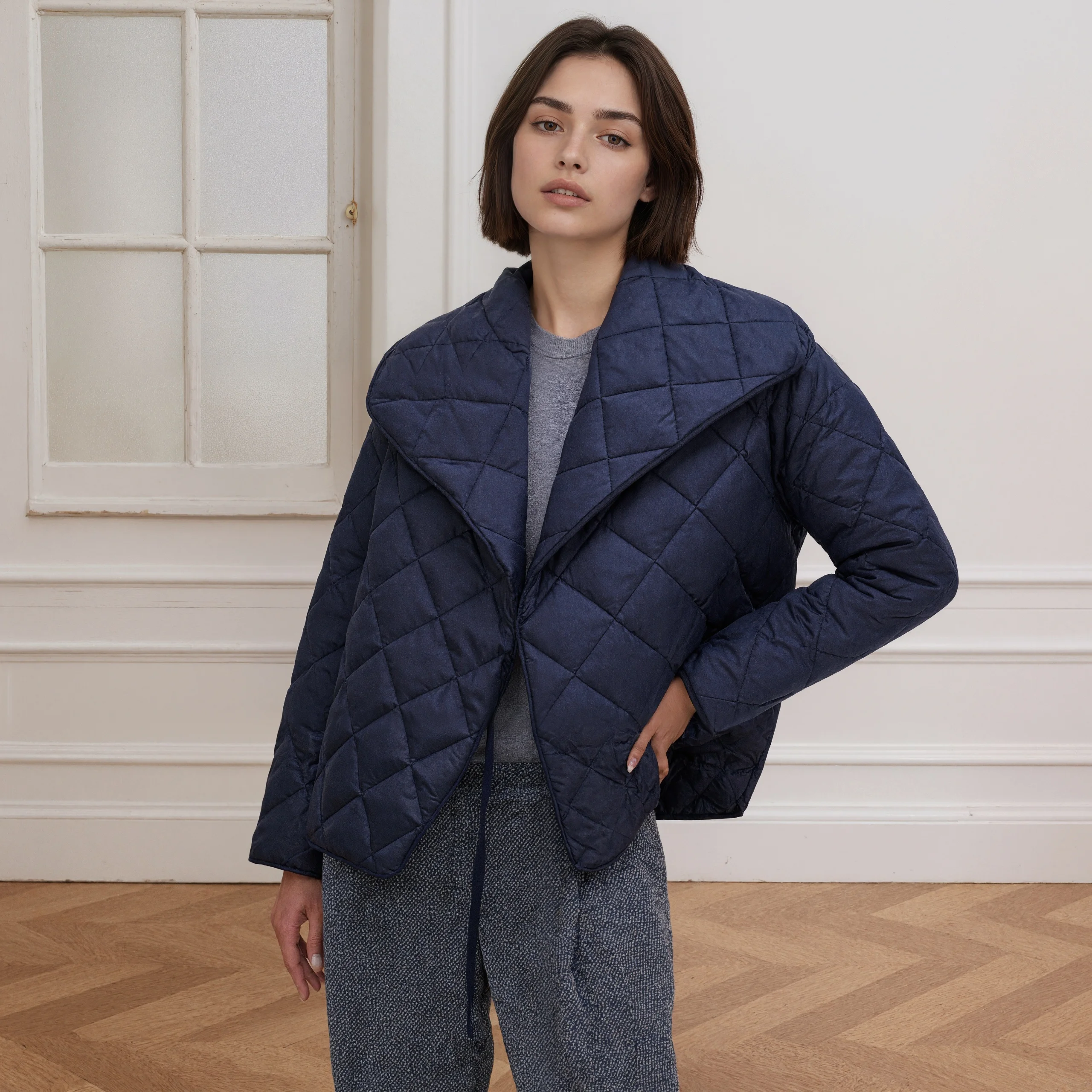 Chaqueta corta acolchada azul marino para mujer, abrigo con cuello tipo chal de gran tamaño, abrigo acolchado, prendas de vestir exteriores cálidas para Otoño e Invierno, regalo de Navidad de Acción de Gracias