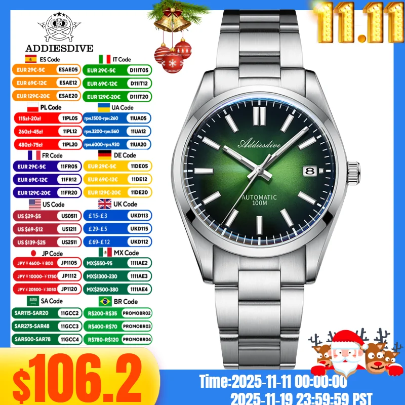 

ADDIESDIVE Watch For Men Sunburst Dial Sapphire Crystal 10Bar Waterproof BGW9 Luminous NH35A Automatic Mechanical Watches