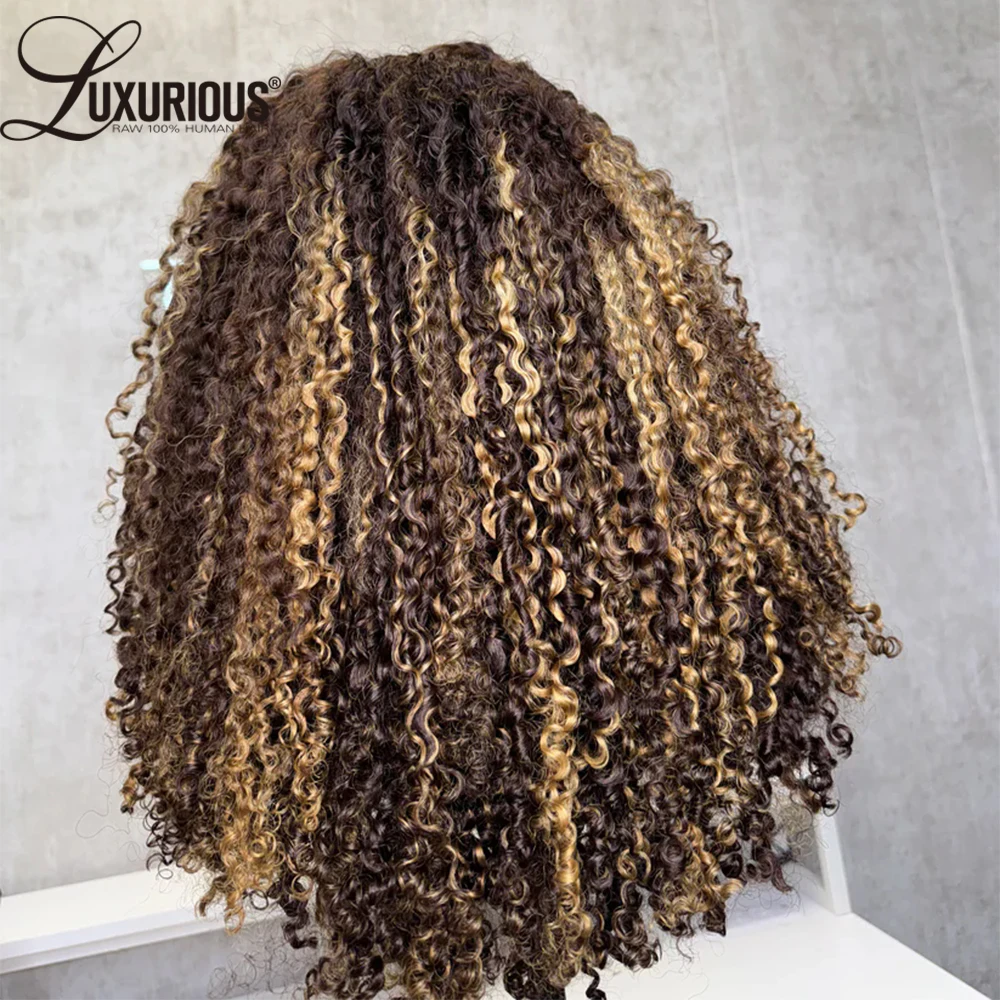 Highlight Ombre Honey Blonde Human Hair Wig With 4c Edges 13x4 Bouncy Curly Lace Front Wig Afro Curly Wig 250 Density