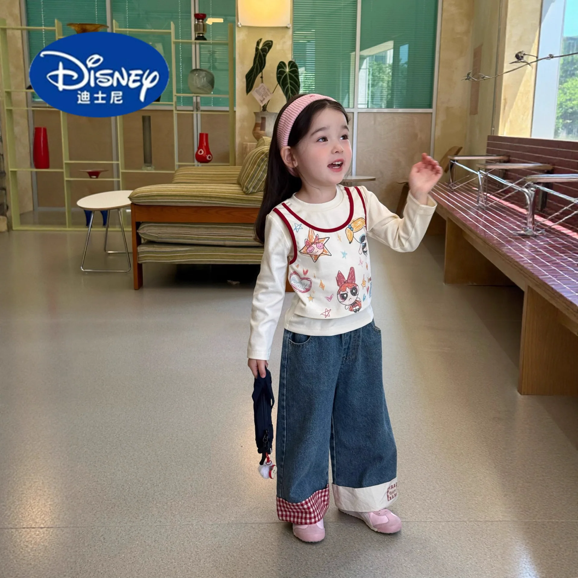 

Disney Powerpuff Girls 2-Piece Set 2025 | Fake Two-Layer T-Shirt with Denim Pants, Girls Fall Outfit