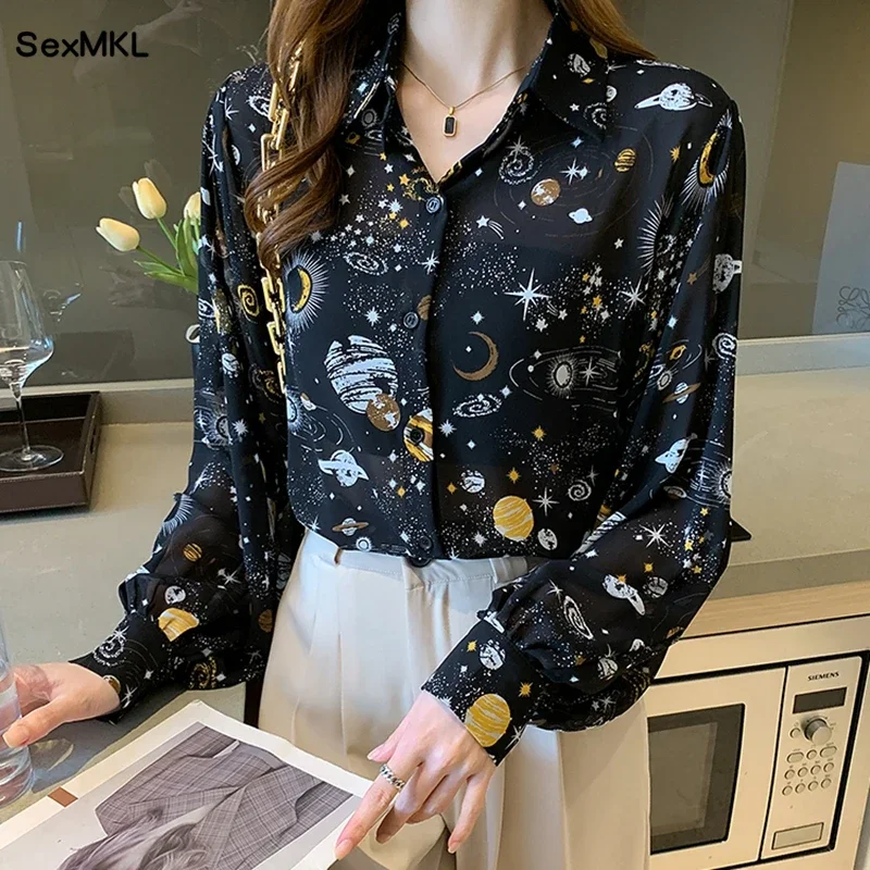 Women\'s Printed Long Sleeve Shirts Fashion Thin Satin Ladies Tops Star Sky Pattern Lolita Style Lantern Sleeve Chiffon Blouses