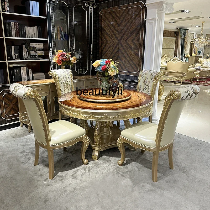 B03 طاولة طعام مستديرة من الخشب الصلب الفرنسي ومجموعة كرسي، طاولة طعام أوروبية فاخرة منحوتة بالذهب الشمبانيا للاستخدام المنزلي