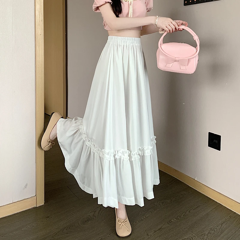 

Ruffle Hem Cake Elastic Waist Loose White Midi for Women Spring Summer Flared Skirt