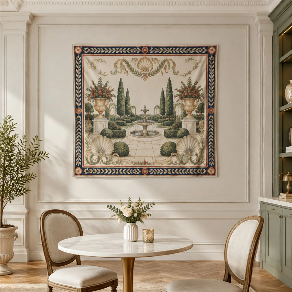 VIKAMA Formal Garden Fountain Clustered Groups Tapestry Wall Hanging, Neoclassical Wall Decor Tapestries for Living Room Bedroom