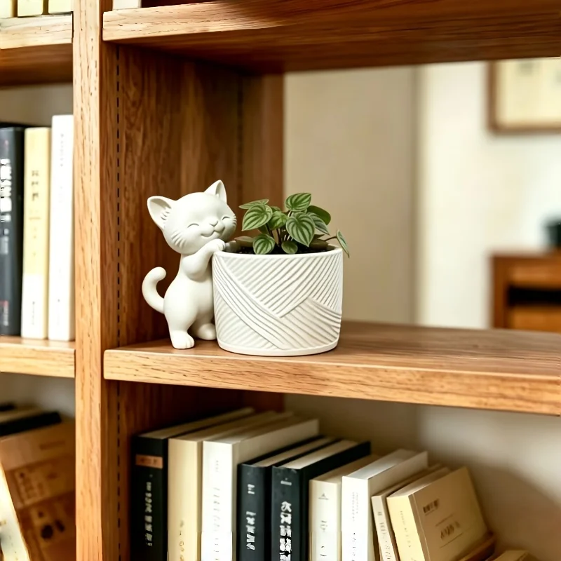 3D Printed Cute Cat‑Shaped Planter,Simple Twill Desktop Small Pot,Creative Succulent&AirPlant Dual‑Use Home GardenDecor Ornament