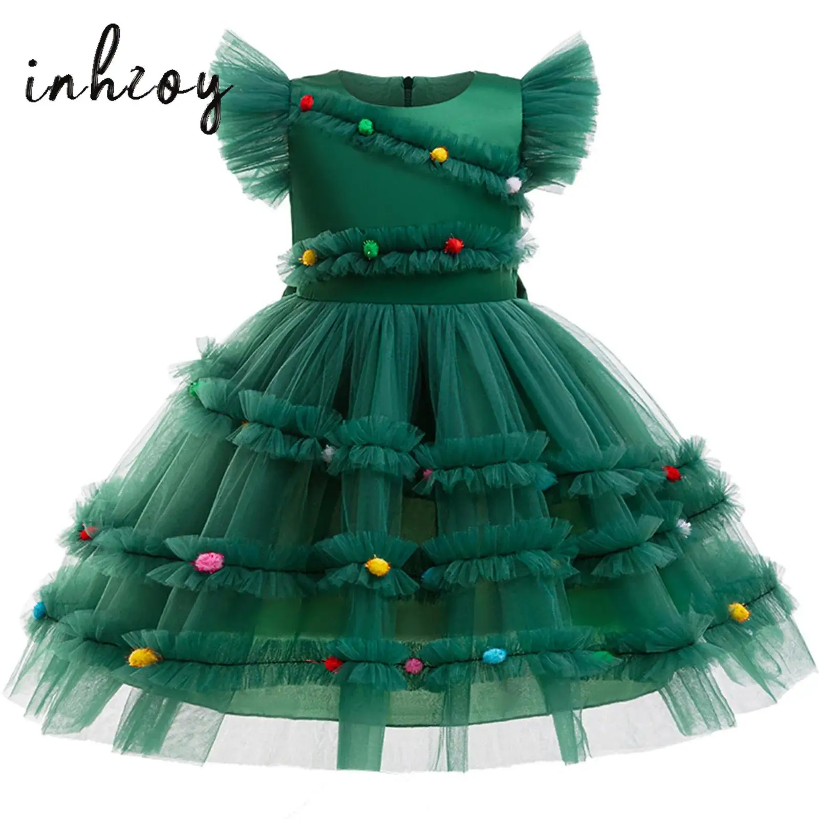 

Toddler Girls Christmas Tree Dress Star Sequin Layered Tulle Tutu Dress Pompom Xmas Party Dress for Princess New Year Party