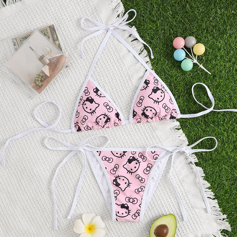 

Sanrio Hello Kitty Swimwear 2 Piece Set Women's Summer Beach Soft Side Halter Pants Kawaii Kuromi Melody Briefs Fashion Gifts