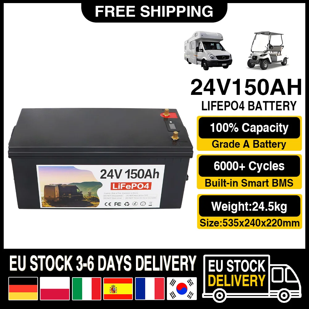 24V 150Ah 100Ah LiFePO4 Battery Built-in BMS Grade A Lithium Iron Phosphate Battery 6000+ Cycle IP56 EU Stock For Golf Cart Boat