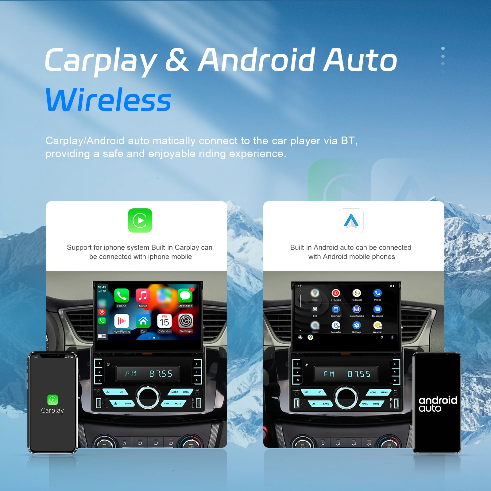 Podofo 7 Inch Android Double Din Wireless Carplay Android Auto 2+64G Adjustable Screen GPS WIFI FM RDS EQ Car Stereo Radio