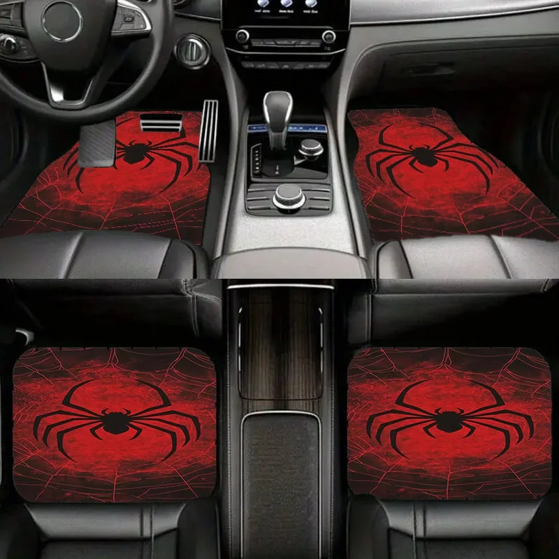5pcs Car Floor Mats, Black Spider & Red Web Design, Material, Stylish Interior Accessory For Cars, Perfect For Auto Interior Dec