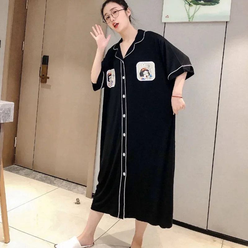 4XL 150kg Plus Size Women Loose Nightgown Lapel Cardigan Long Shirt Dress Female Casual Homewear Sexy Thin Sleepshirts Out Wear