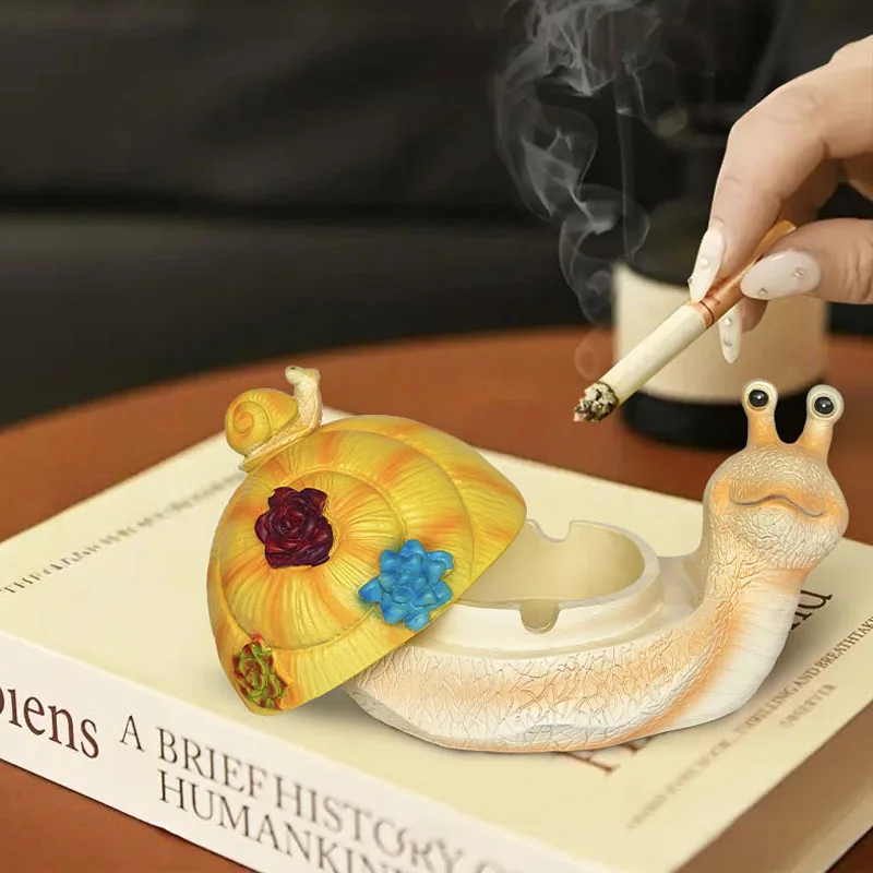 Creative Snail Ashtray with Lid Hand Painted Floral Windproof Cigarette Holder for Home Office Desktop Decor Unique Gift
