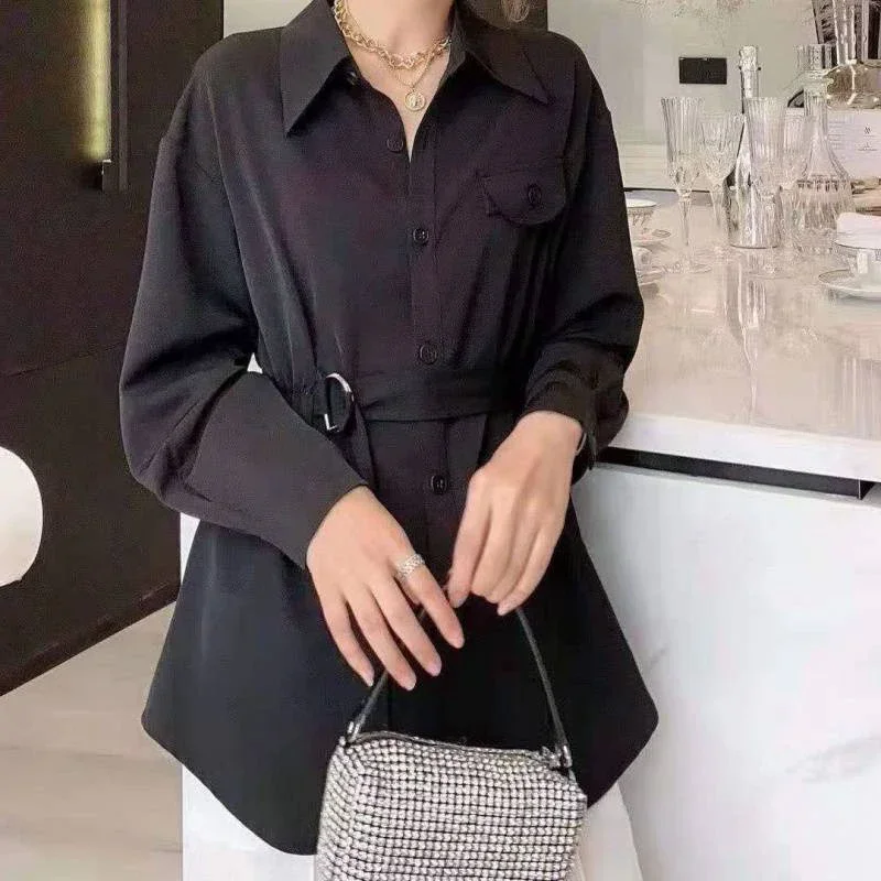 Camisa de manga larga para mujer, ropa de calle informal a la moda, blusas de Color sólido holgadas, blusas elegantes para mujer 2024