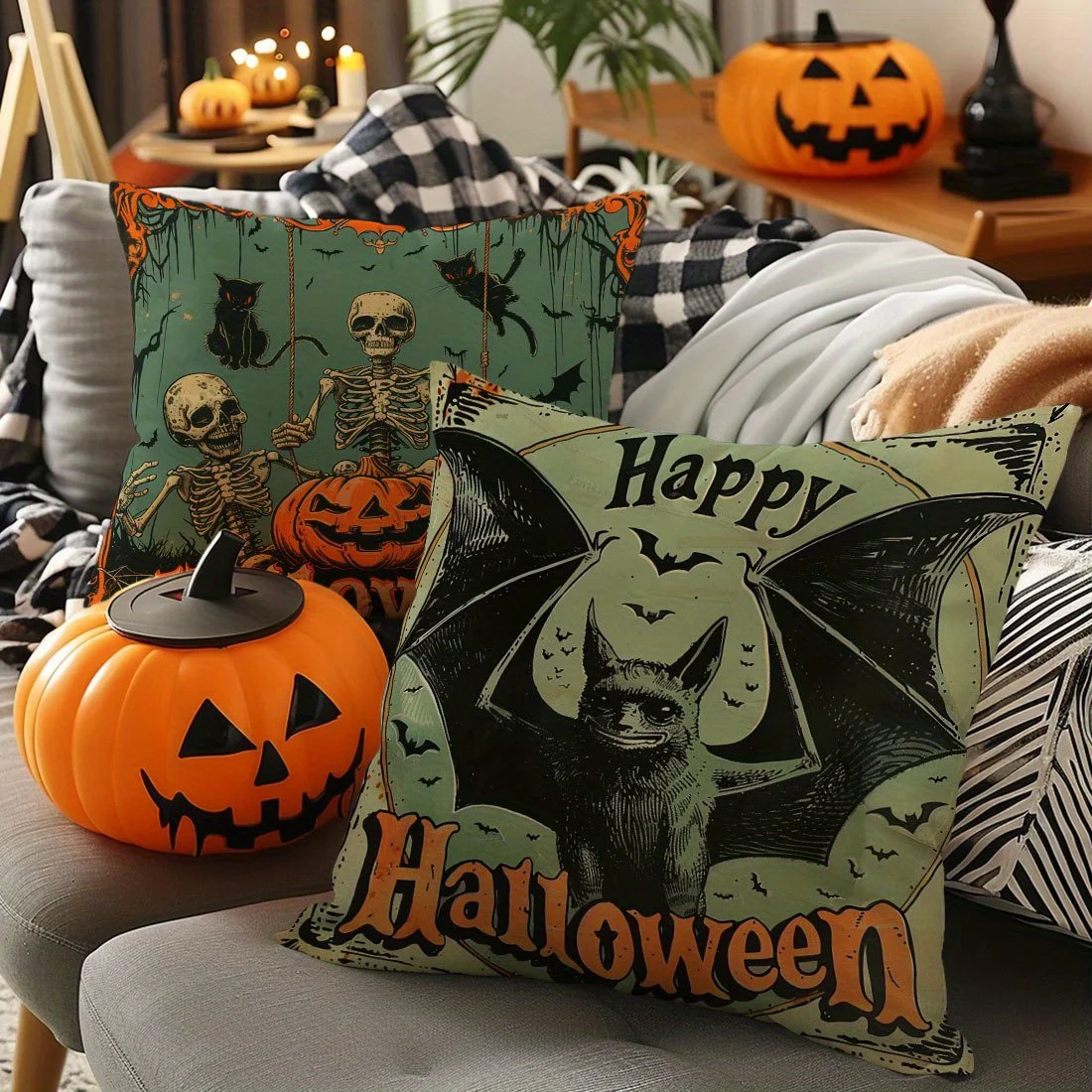4pcs Vintage Gothic Horror Pillowcase Set  Single-Sided Print Skull Black Cat & Pumpkin Design Covers for Sofa Bed Living Room