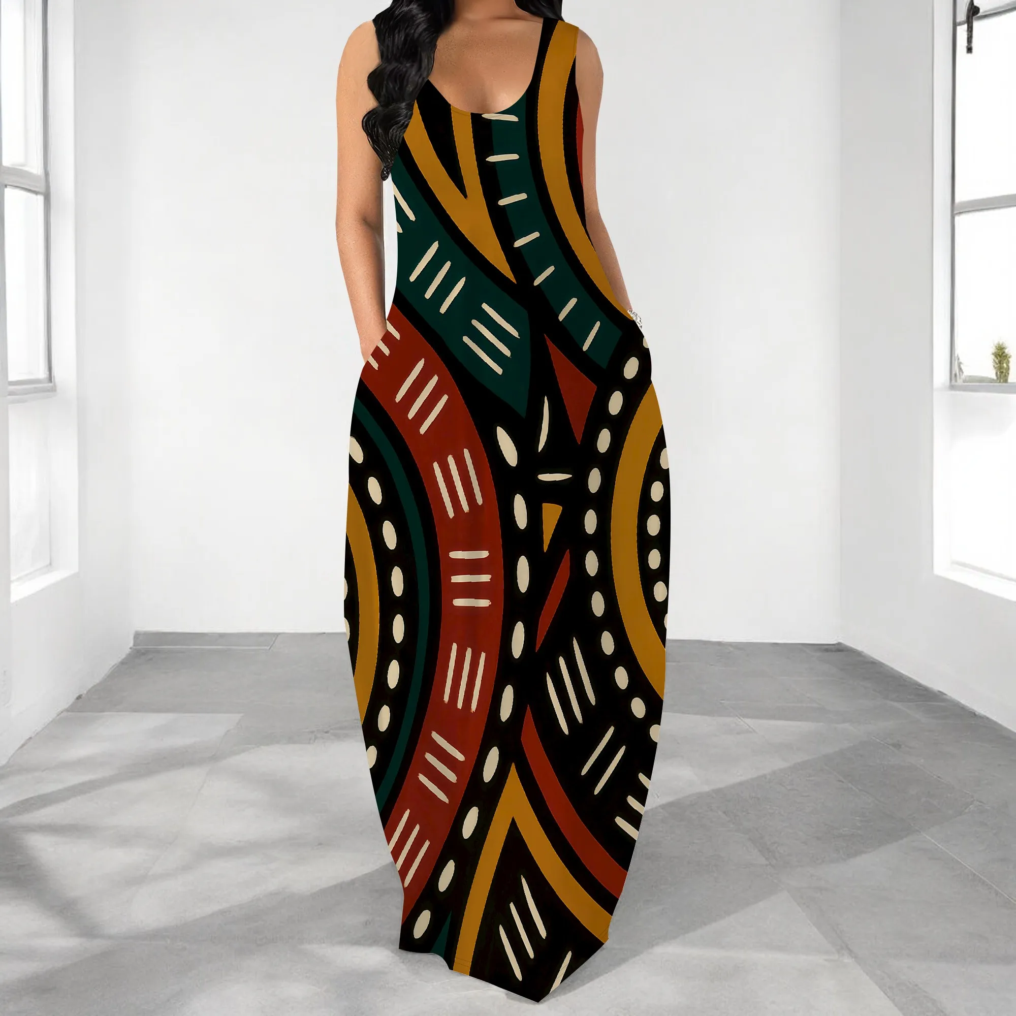 

Women's Plus Size African Tribal Print Summer Maxi Dress with Pockets Boho V-Neck Sundress Long Dress S-3XL Party