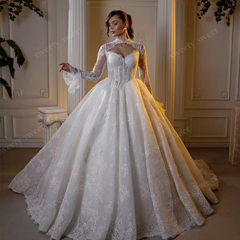 

Luxurious Wedding Dress Organza With Embroidered Ball Gown Full Sleeve High-Neck Customized Bride Dress Button Vestido De Novia