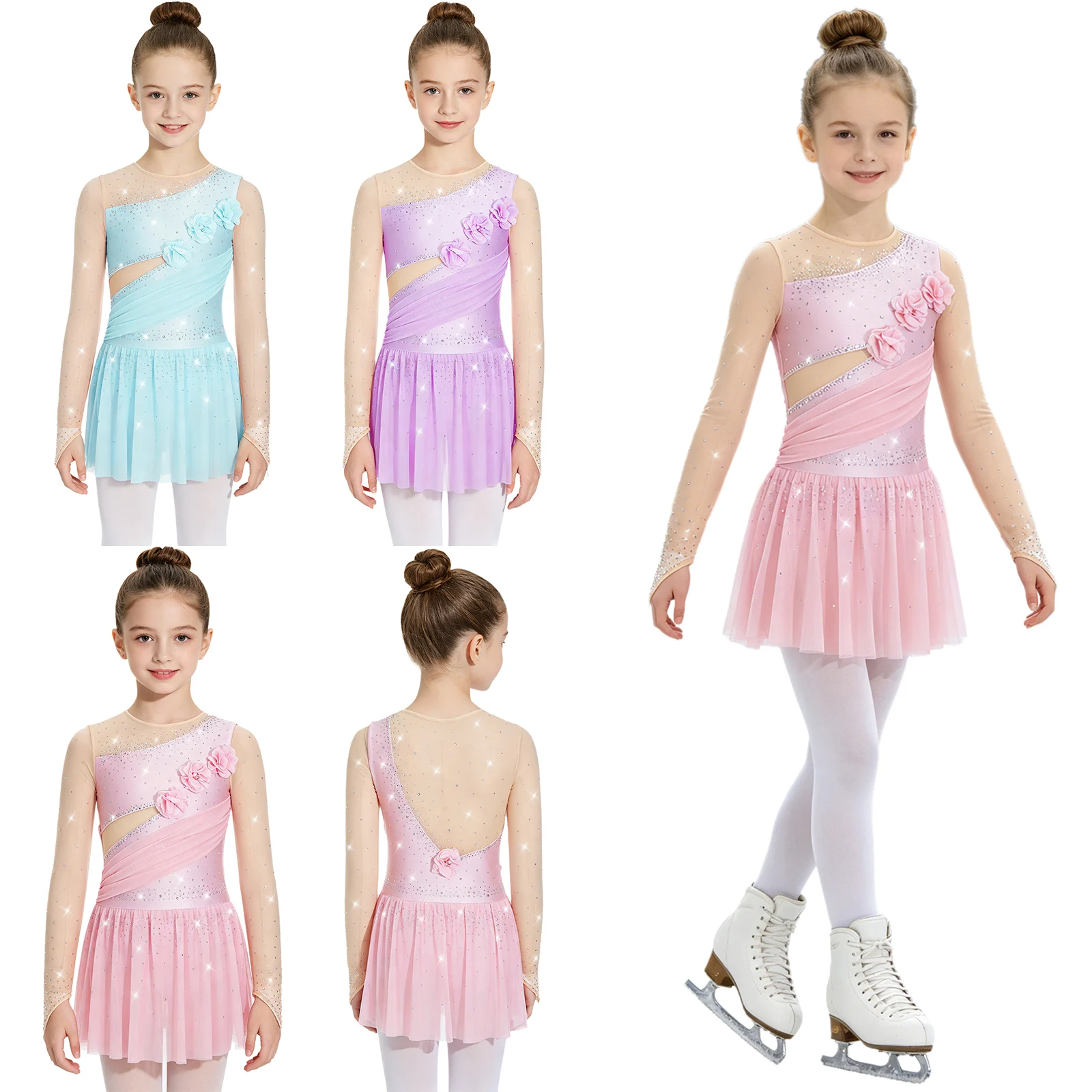Mädchen Glänzendes Strass-Gymnastik-Ballett-Lyrical-Tanz-Auftrittskostüm Langarm 3D-Blumen Eiskunstlauf-Netzkleid – Detail 2