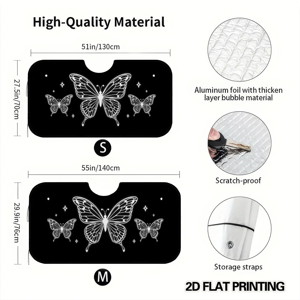 2D Flat Printing, 1pc Butterflies And Stars On Black Pattern Car Windshield Sunshade, Compact Folding Sun Visor For Front Windsh
