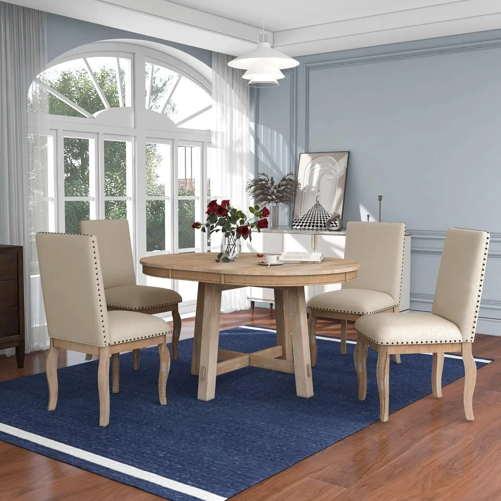 

5-Piece Farmhouse Dining Furniture Set, Wooden Round Extendable Table, and 4 Upholstered Chairs