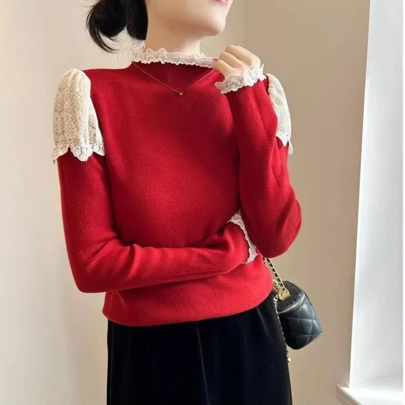 Lace Splicing Half High Collar Women\'s 2024 Autumn Winter New Slim Fashion Solid Color Casual Sweater Long Sleeve Knitted Tops