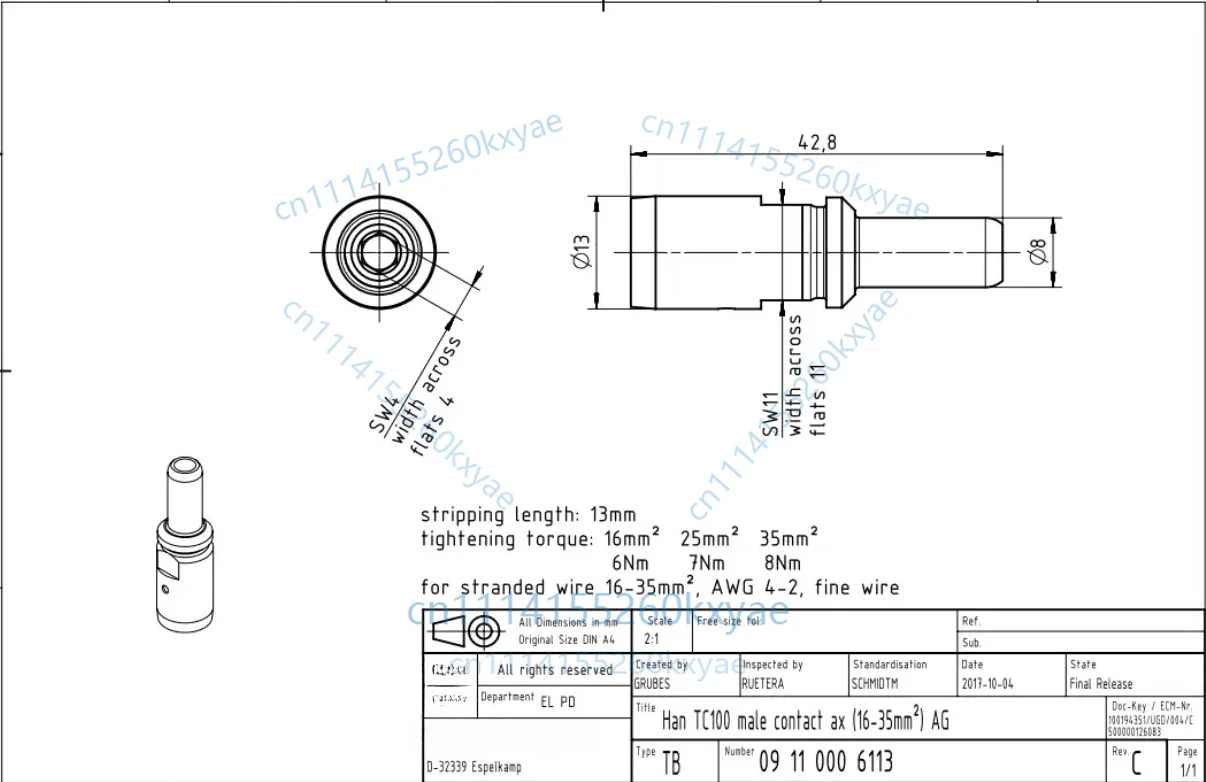 1pc 09110006113 axial bolt 100a 16-35mm² male pin