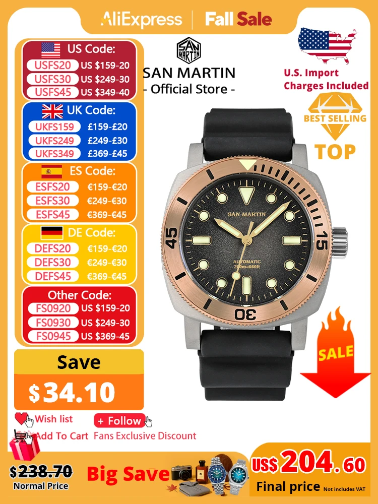 

San Martin 42mm Retro Titanium Diver Watch NH35 Automatic Men Mechanical Watches Bronze Bezel Sapphire Luminous Waterproof 200m
