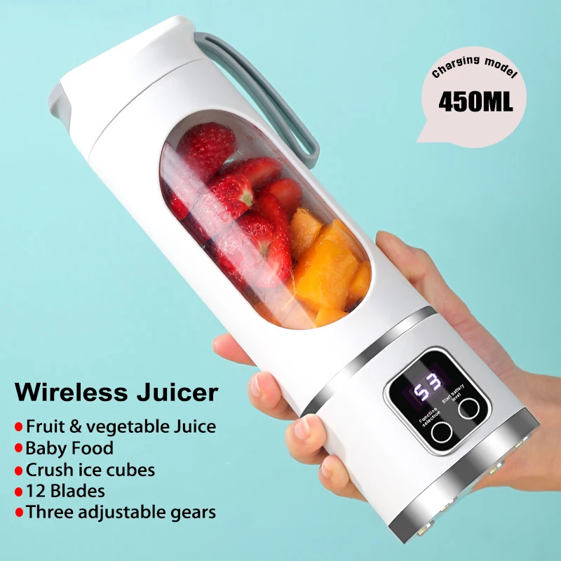 Juice Cup Portable Multi-functional 450ML Wireless Electric Juicer Ice Crusher USB Charging 12 Blades Personal Blender with LED