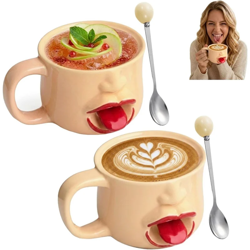 1 Pcs Funny Drinking Glass Niche Bone China Ceramic Coffee Mug With Spoon Mischievous Abstract Expression Cappuccino Latte Mug