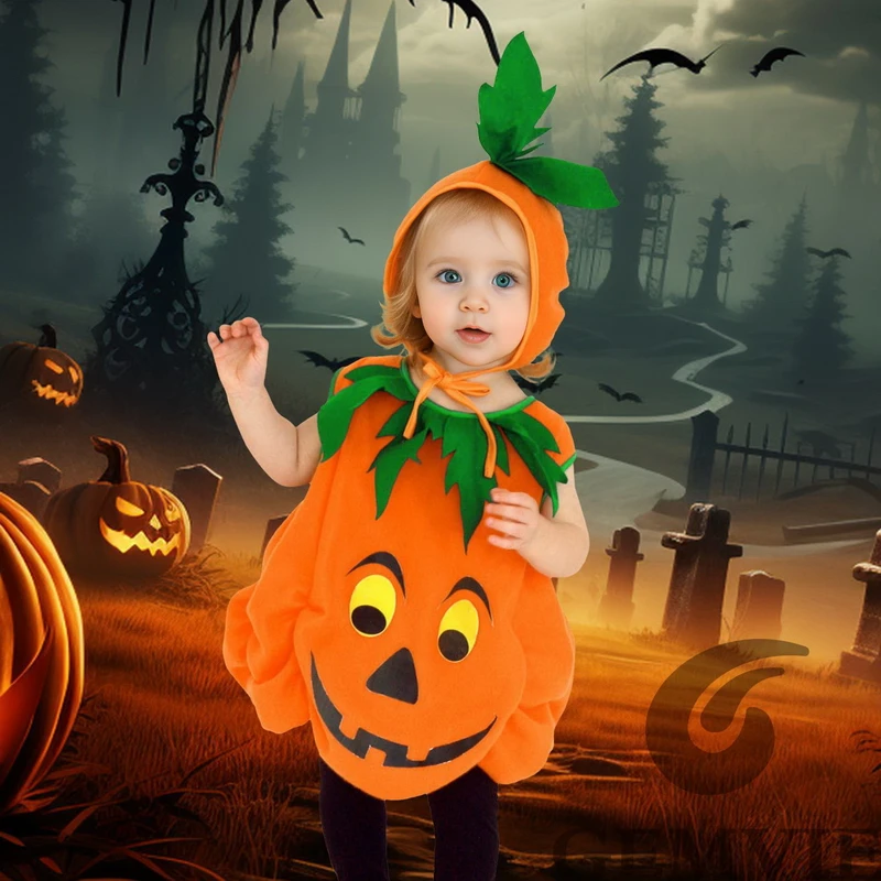 Kids Halloween Pumpkin Cosplay Costume for Toddler Boys Girls Stage Role Play Costumes Fancy Dress Tops+Hat