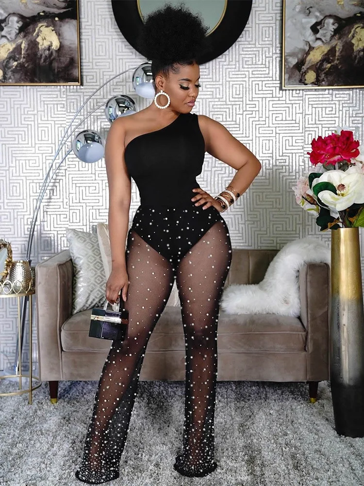 

Weird Puss Skew Collar Women Jumpsuit White Dot Print See Through Sleeveless Mesh Slim Sexy One Pieces Office Lady Party Bodycon