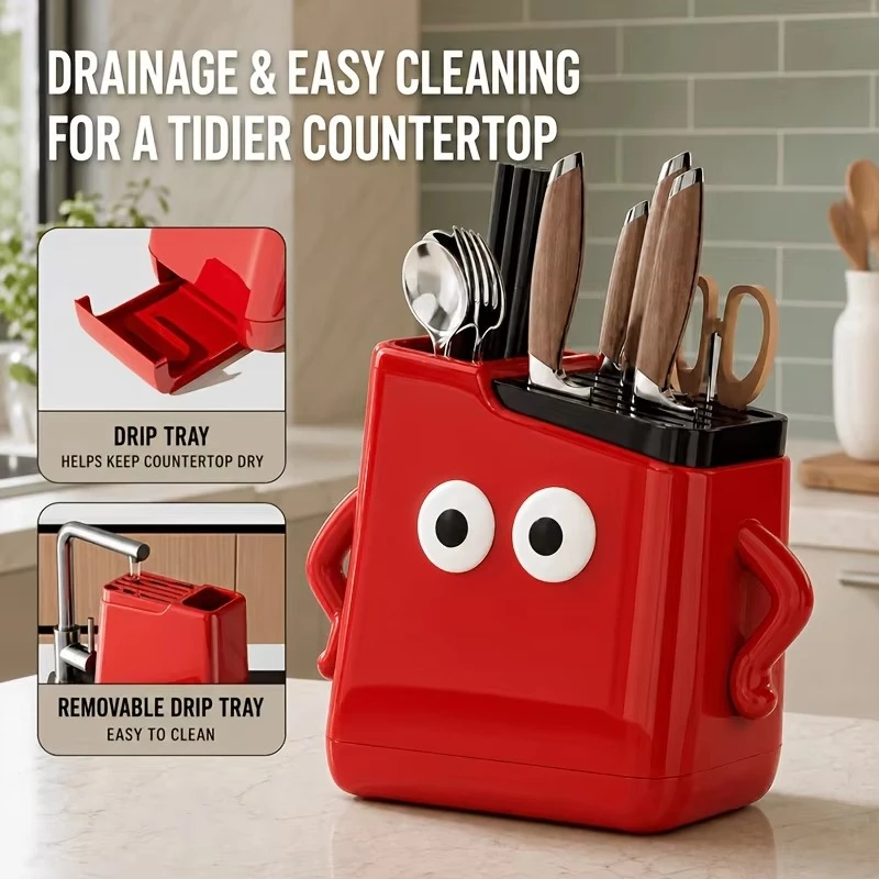 Multifunctional Kitchen Countertop Knife Storage Rack Integrated Cutlery Organizer Drainage Slot Knives Chopstick Storage Holder