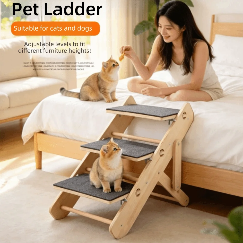 Multi-Purpose Adjustable Pet Stairs 3/4 Steps Solid Wood Dog Ramp Space Saving Non Slip Climbing Aid For Dogs