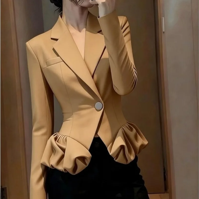

New Autumn Runway Fashion Coat Women Khaki Splicing Long Sleeve Lapel Slim Waist Ruffled Jacket One Button Blazer Office Lady