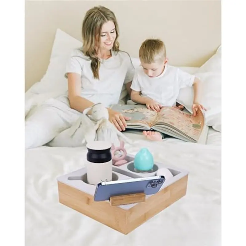 AT63-Bamboo Couch Cup Holder Tray With Rotatable Phone Holder, Silicone Design For Bed Seat Organizer Storage
