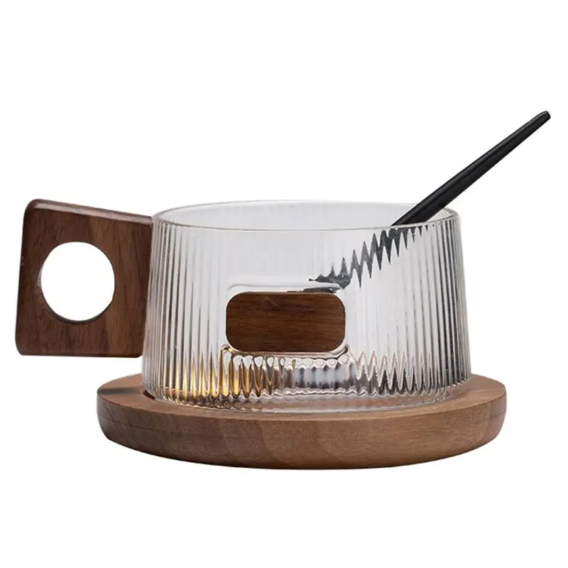 SEWS-Coffee Cup Set Glass Tea Cup With Spoon Wood Coaster Milk Tea Cup Simple Household