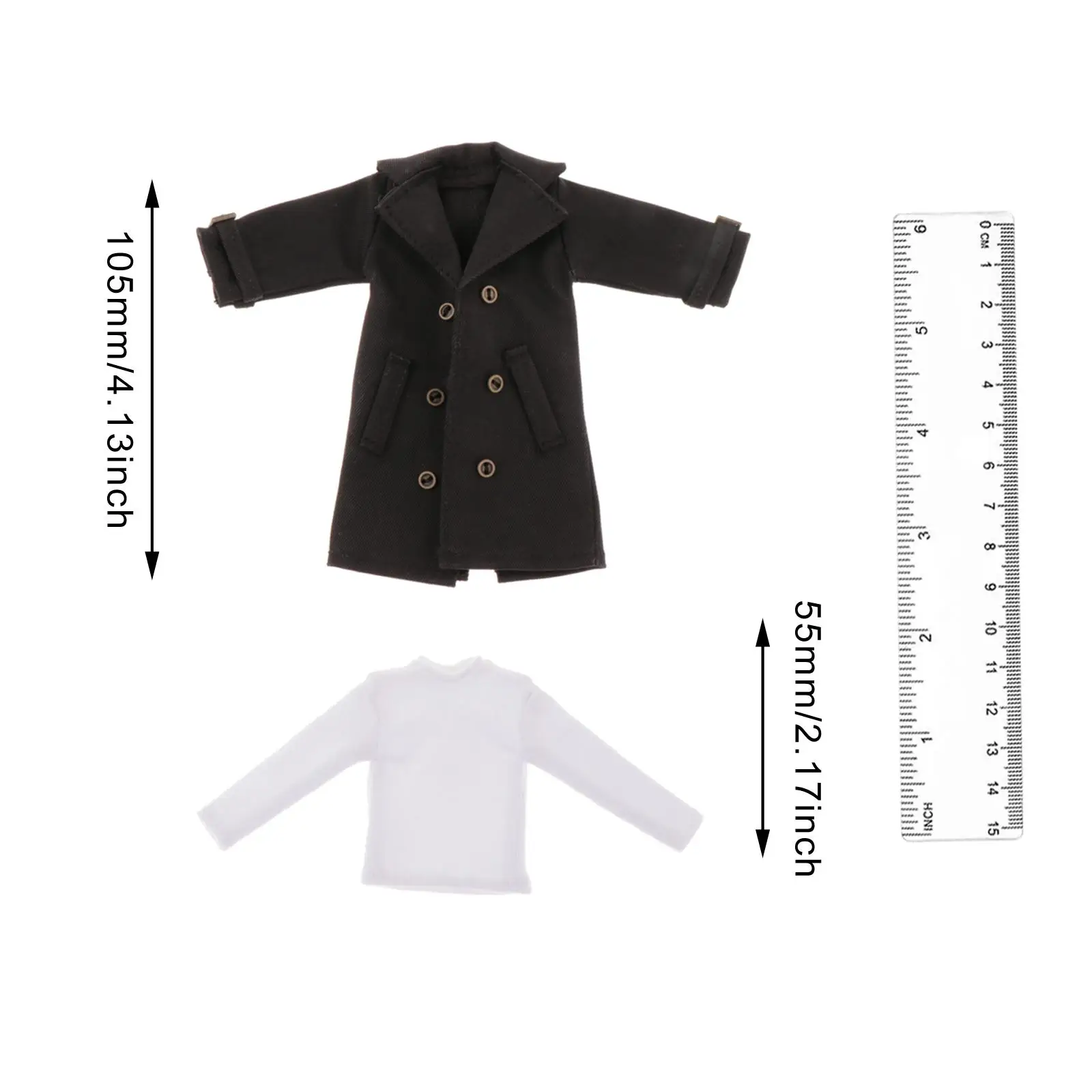 

1/12 Male Clothes Long Jacket Dress up Accessories Double Breasted Miniature Stylish with Long Sleeve Base Shirt Overcoat